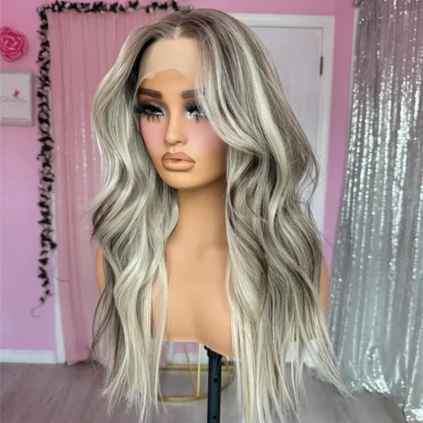 Grey Human Hair Wigs: Ashy Blonde Highlights, 13x4 Lace Frontal Wig