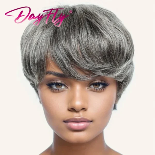 Grey Human Hair Wigs: Pixie Cut with Bangs, Ombre Brazilian Wig