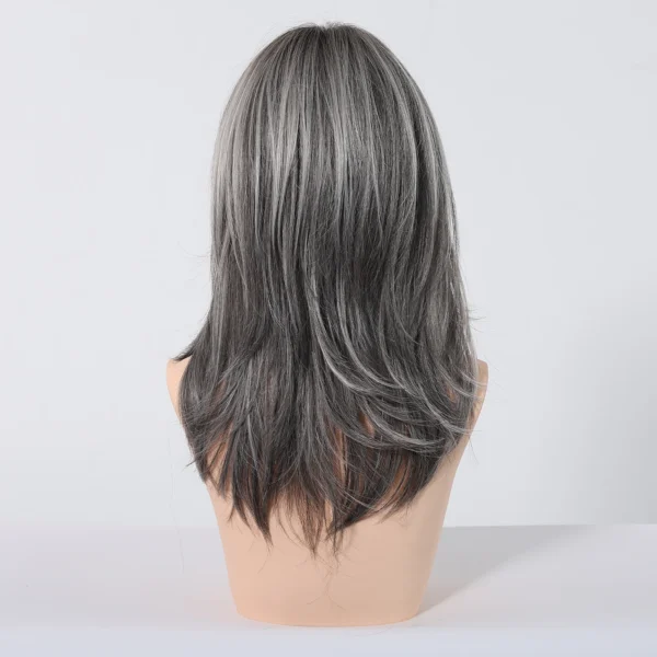 Grey Human Hair Wigs: Medium Length Layered Straight Wig with Bangs - Image 2