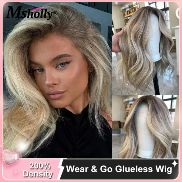 Grey human hair wigs, cream blonde body wave glueless lace wig