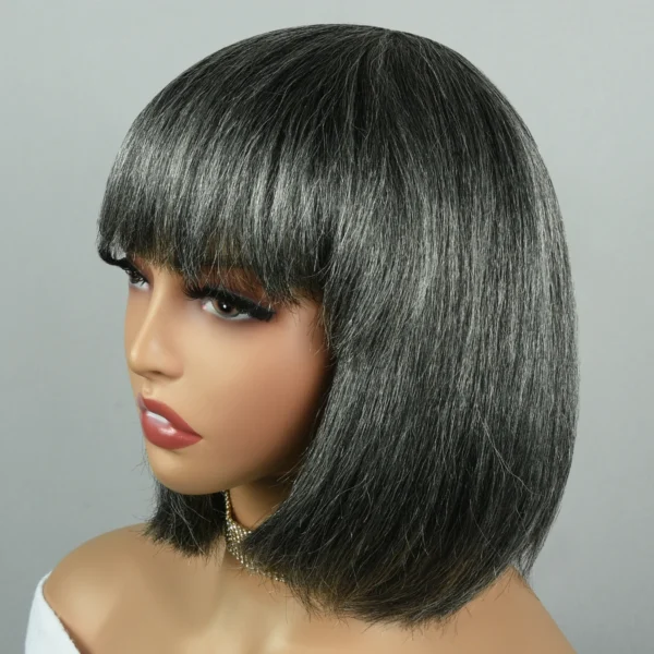 Grey human hair wigs, bob style with fringe, straight machine-made