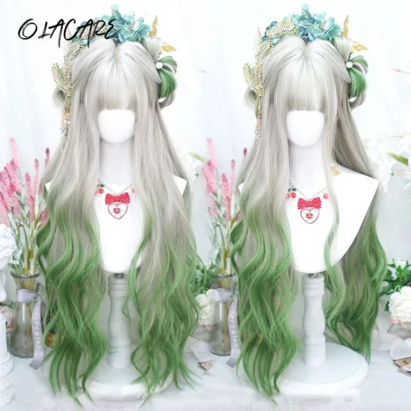 Grey Human Hair Wigs: Ombre Grey Green Straight Synthetic Wig with Bangs