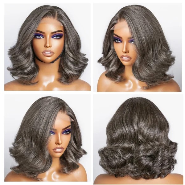 Grey human hair wigs, 5x5 lace front, loose wave bob - Image 2