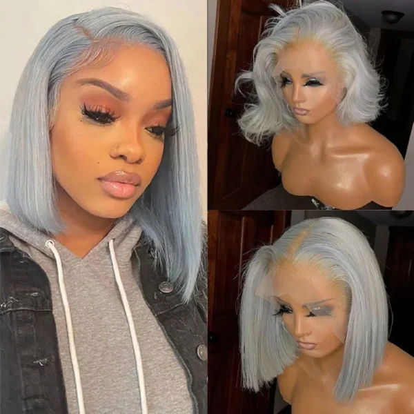 Grey Human Hair Wigs Lace Front Short Bob Preplucked Pixie Cut Wig - Image 2