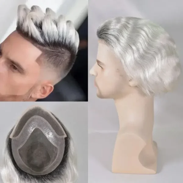 Grey human hair wigs lace toupee with mono skin PU system