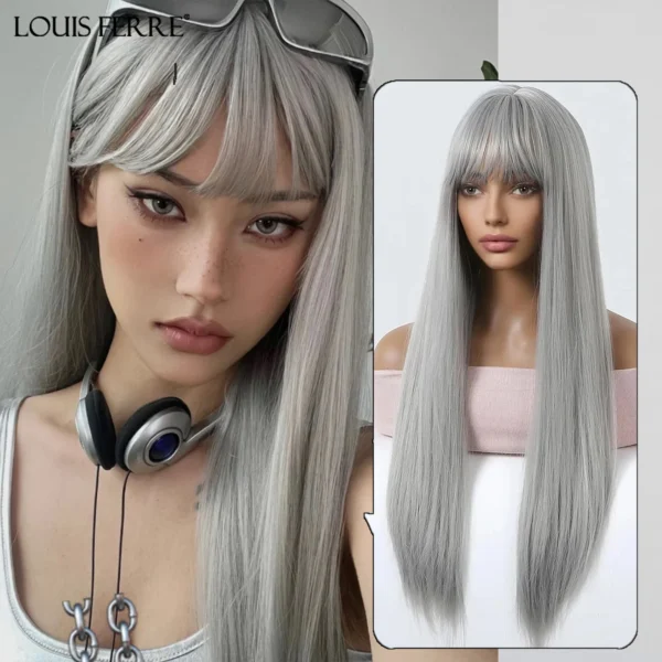 Grey Human Hair Wigs: Long Straight Silver Gray Synthetic Cosplay Wig