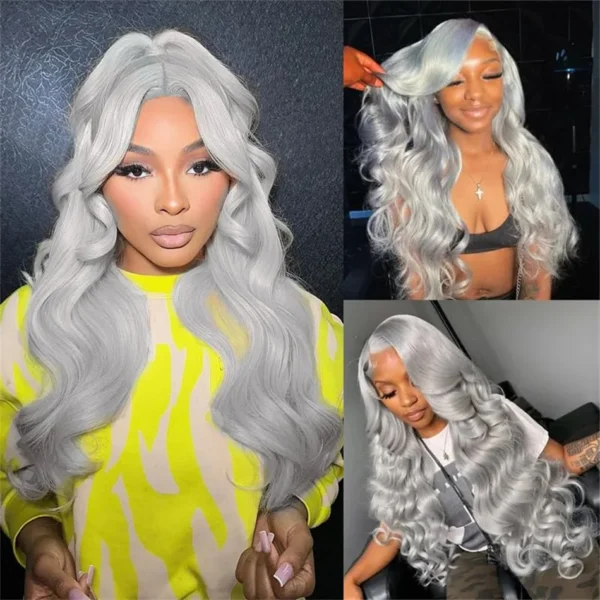 Grey human hair wigs with lace frontal and silver body wave