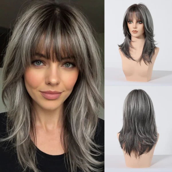 Grey Human Hair Wigs: Medium Length Layered Straight Wig with Bangs