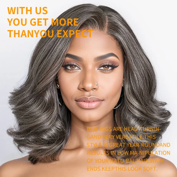 Grey human hair wigs, 5x5 lace front, loose wave bob - Image 4
