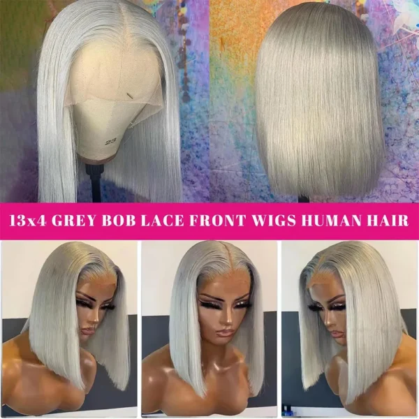 Grey Human Hair Wigs: 13x4 Bob Straight Remy Brazilian Wig for Women - Image 7