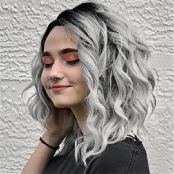 Grey Human Hair Wigs: 38cm Gradient Curly Bob Lace Front Wig - Image 3