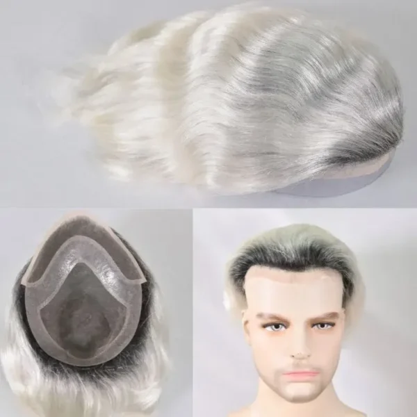 Grey human hair wigs lace toupee with mono skin PU system - Image 2