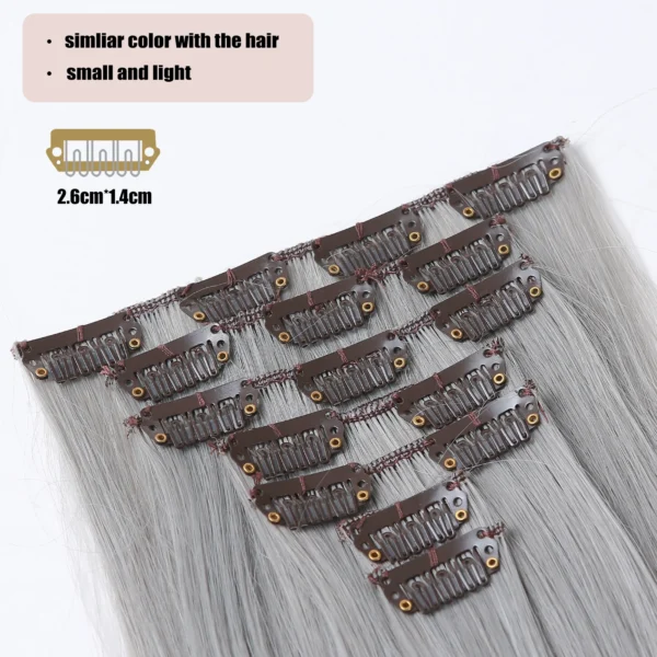 Grey Human Hair Wigs Clip In Long Straight Thick Extensions For Women - Image 4