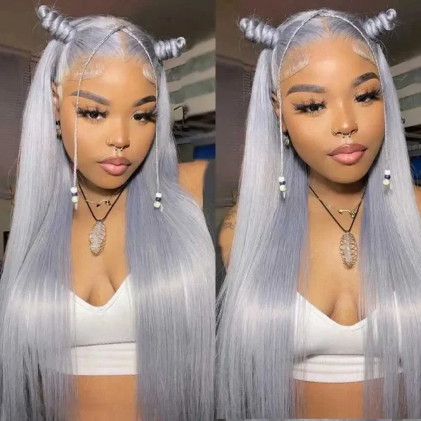 Grey human hair wigs 30-inch lace frontal, 100% Brazilian straight - Image 2