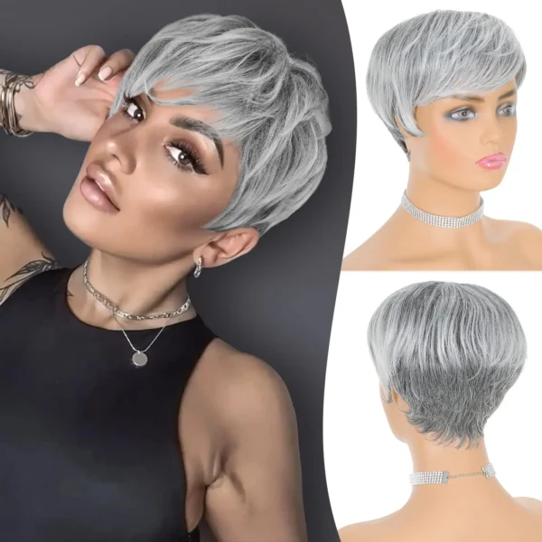 Grey Human Hair Wigs: Short Pixie Cut Ombre Wig with Bangs