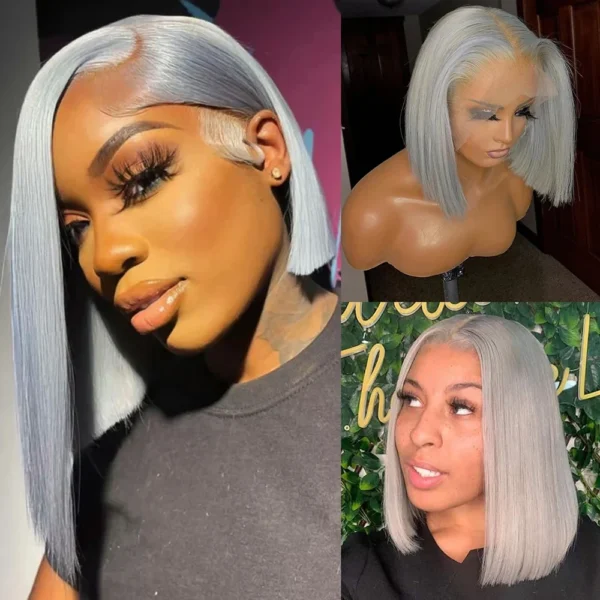 Grey human hair wigs: 250% density short lace bob, straight