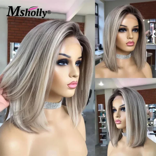 Grey human hair wigs, short bob highlight ash blonde lace frontal