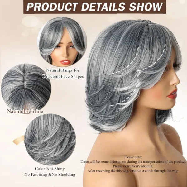 Grey Human Hair Wigs: Silver Ombre Bob with Curtain Bangs and Highlights - Image 5