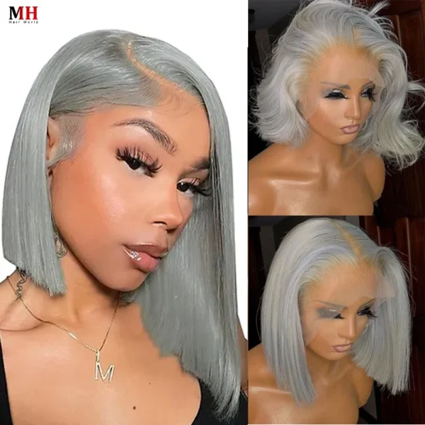 Grey Human Hair Wigs: Silver Grey Short Bob 13x4 Lace Wig