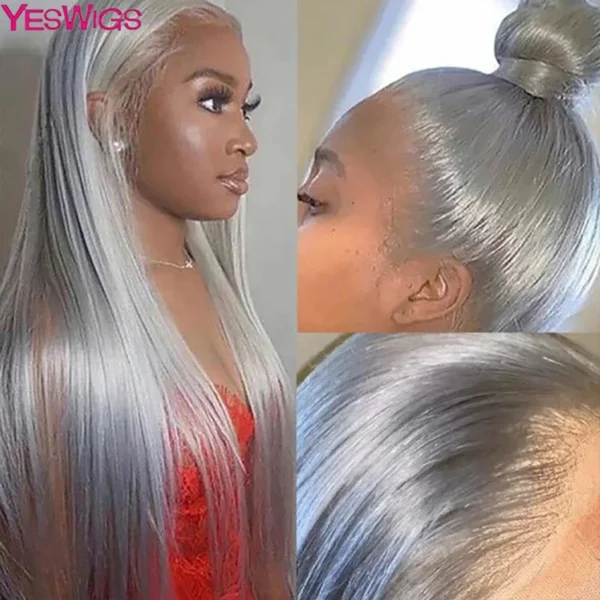 Grey human hair wigs, 13x4 silver grey straight lace frontal