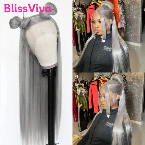 Grey Human Hair Wigs: 13x6 Straight Lace Front Pre-Plucked Brazilian Wig - Image 3