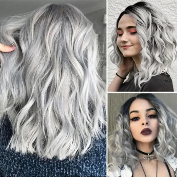 Grey Human Hair Wigs: 38cm Gradient Curly Bob Lace Front Wig - Image 2