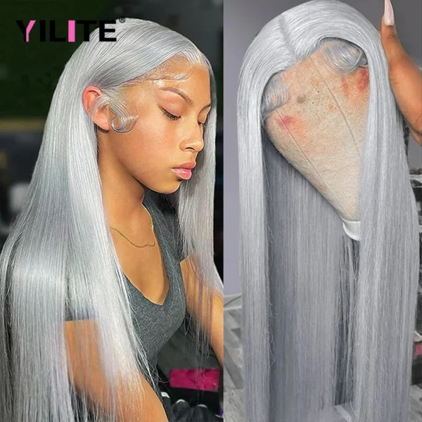 Silver Grey Bone Straight 13x4 Lace Front Grey Human Hair Wigs