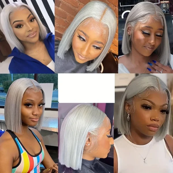 Grey human hair wigs: 250% density short lace bob, straight - Image 2