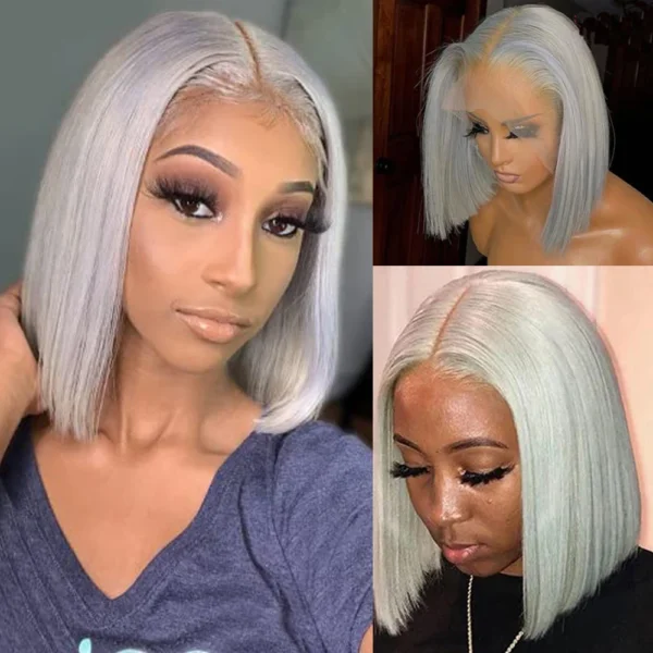 Grey Human Hair Wigs Lace Front Short Bob Preplucked Pixie Cut Wig