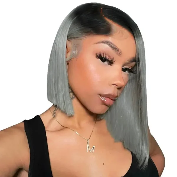 Grey Human Hair Wigs: 1B/Grey 14-inch Bob with 13×4 Lace