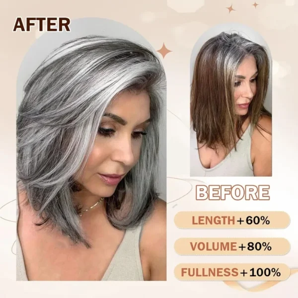 Grey Human Hair Wigs: Silver Ombre Bob with Curtain Bangs and Highlights - Image 8