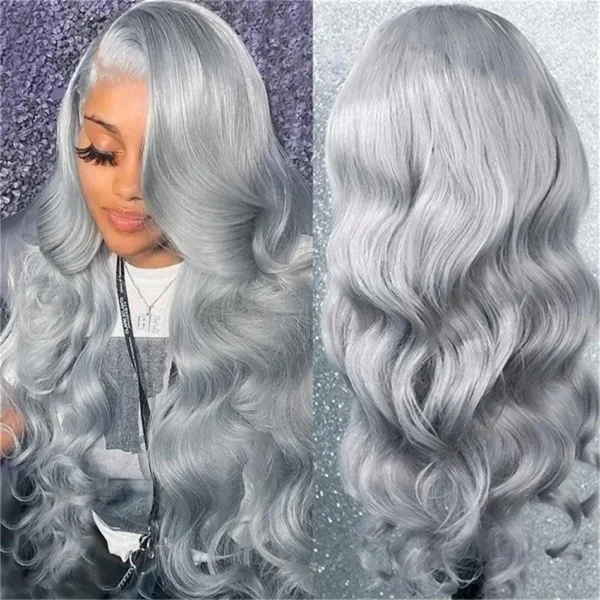 Grey human hair wigs with lace frontal and silver body wave - Image 2