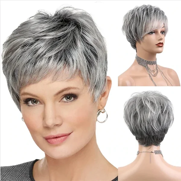 Grey Human Hair Wigs: Short Curly Pixie Cut, Easy Care Style