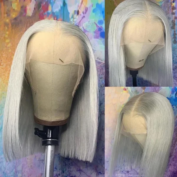 Grey human hair wigs straight lace frontal ash blonde