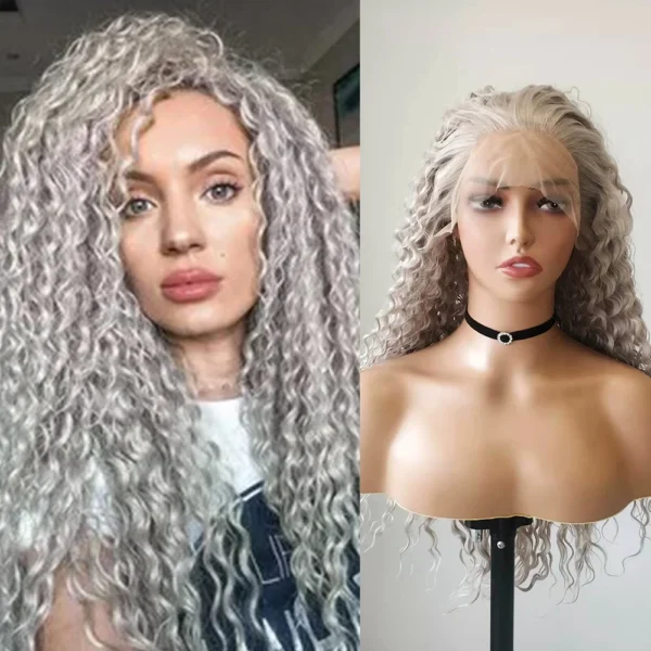 Grey Human Hair Wigs Long Kinky Curl Lace Front Synthetic Wig Heat Resistant