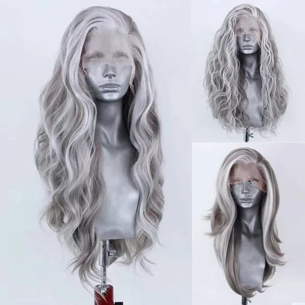 Grey Human Hair Wigs: Synthetic Lace Front Silver Grey Mix Color Wig