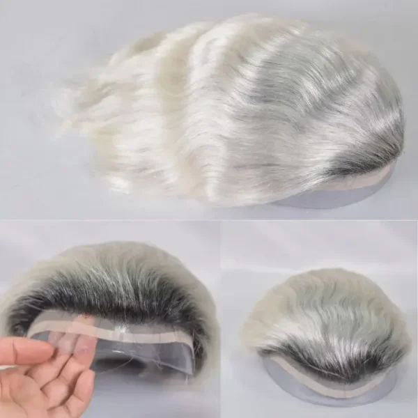 Grey human hair wigs lace toupee with mono skin PU system - Image 3