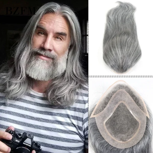 Grey Human Hair Wigs for Men - 12-Inch Mono Lace Toupee