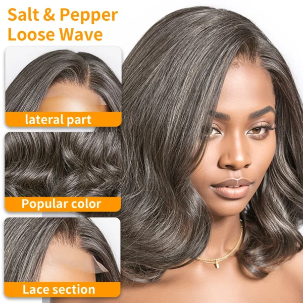 Grey human hair wigs, 5x5 lace front, loose wave bob - Image 5