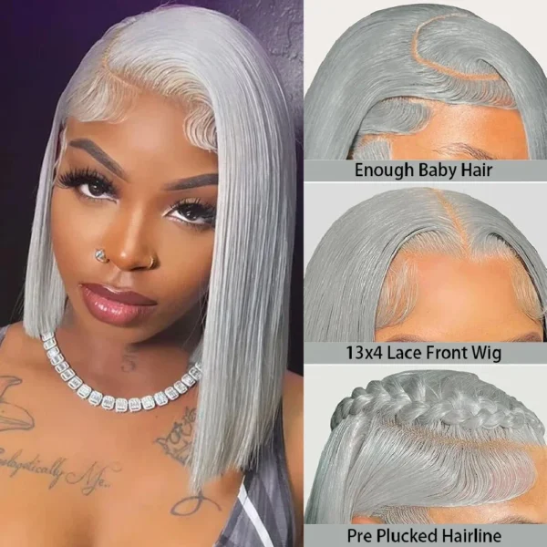 Grey human hair wigs 13x4 lace front bob, preplucked