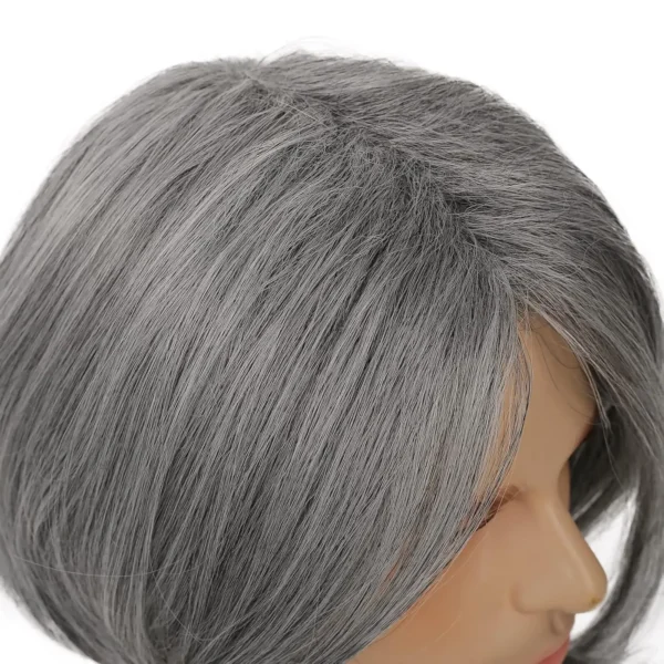 Grey Human Hair Wigs: Synthetic Silver Gray Wig with Middle Part Bangs - Image 3