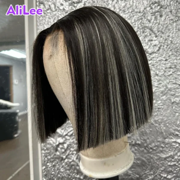Grey Human Hair Wigs Highlight Color Straight Short Bob Lace Front