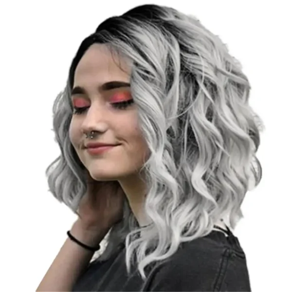 Grey Human Hair Wigs: 38cm Gradient Curly Bob Lace Front Wig - Image 6