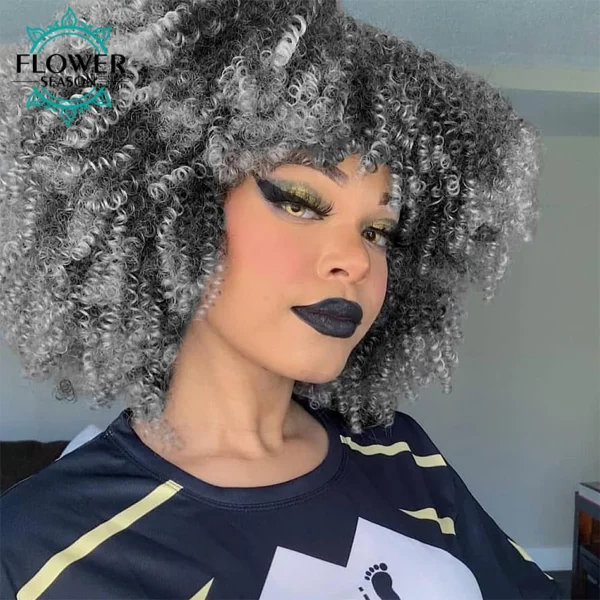 Grey Human Hair Wigs Short Afro Kinky Curly Bob with Bangs