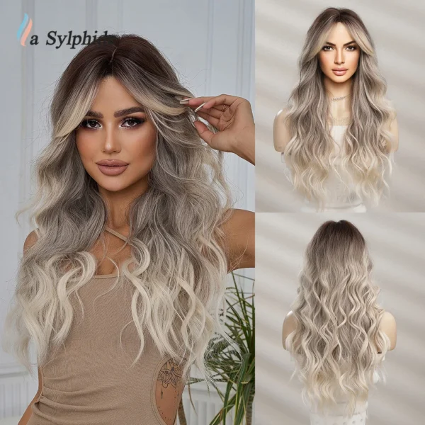 Grey human hair wigs, long blonde silver synthetic with bangs for women