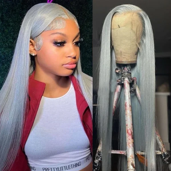 Grey human hair wigs, long straight lace front, pre-plucked