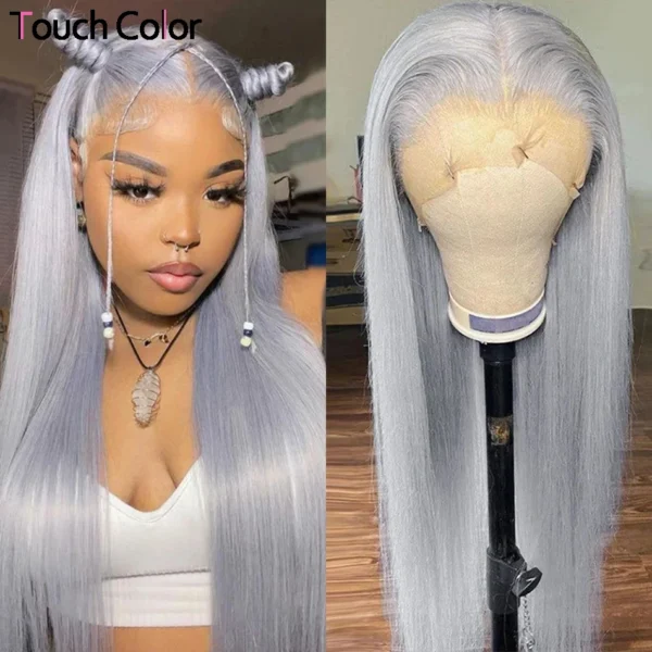 Grey Human Hair Wigs, 36 Inch Bone Straight Silver Lace Front