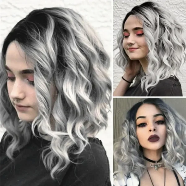 Grey Human Hair Wigs: 38cm Gradient Curly Bob Lace Front Wig