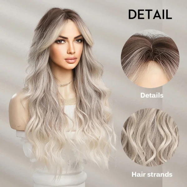 Grey human hair wigs, long blonde silver synthetic with bangs for women - Image 4