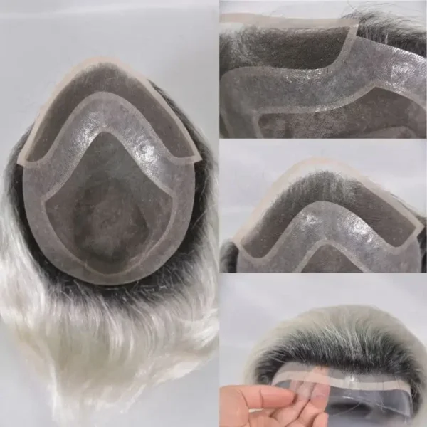 Grey human hair wigs lace toupee with mono skin PU system - Image 4